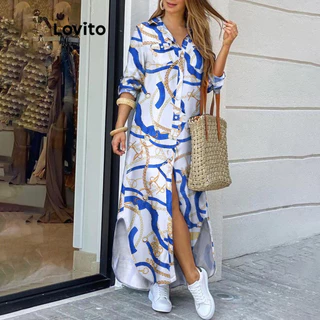 Lovito Vestido casual feminino com estampa de corrente e botão frontal LNL72448