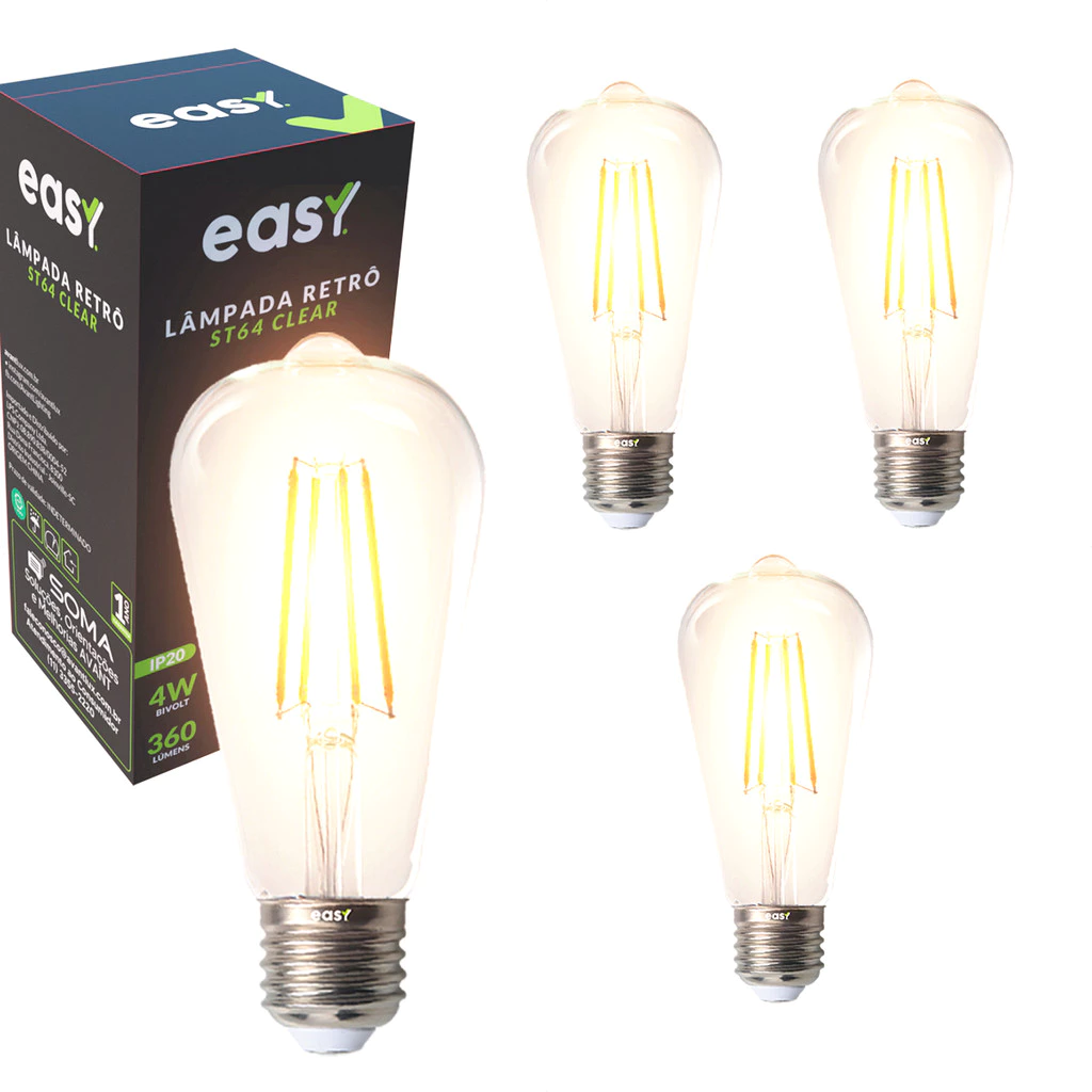 Kit 4 Lâmpadas de Led ST64 Retro Vintage Clear 4w 2400k E27 Bivolt Easy Luz Quente
