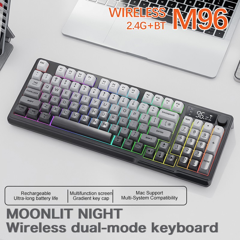 Teclado Para Jogos Sem Fio FREEWOLF M96-Modo Duplo Bluetooth/2.4G ...