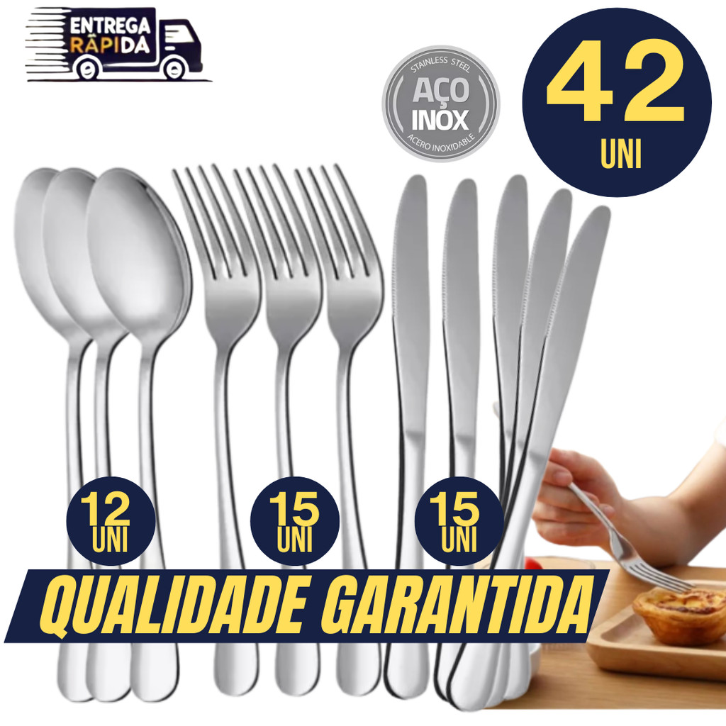 Jogo 42 Unidades Talher Inox Premium 15 Garfo 15 Faca 12 Colher Casa ...