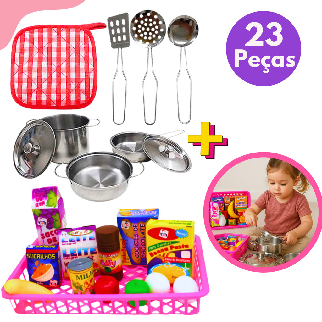 Kit Infantil Panelinha Metal Inox+ Cestinha Mercadinho Para Meninas ...