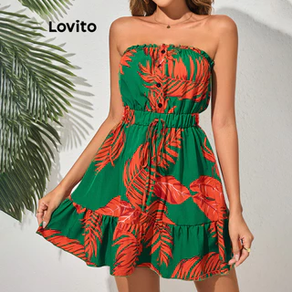 Lovito Vestido boho tropical com ombro frio e renda para mulheres LBL16450