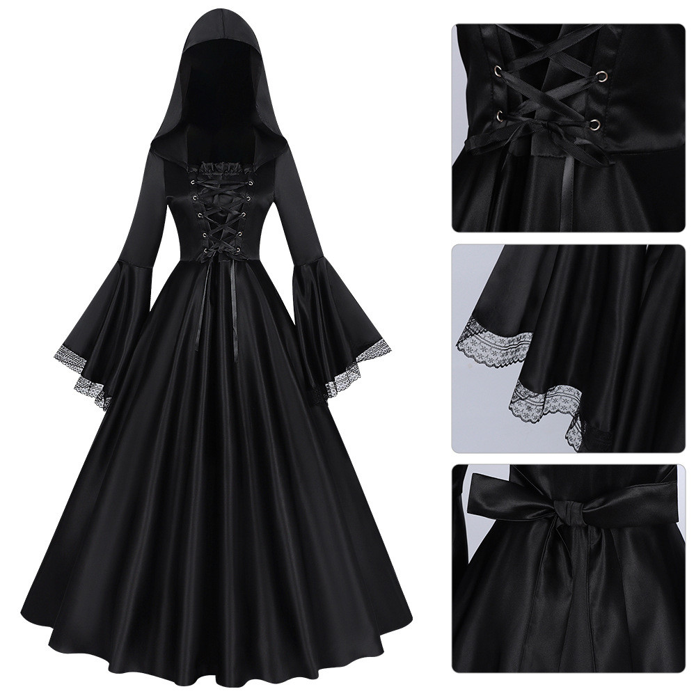 Vestido Longo com Capuz Gótico Escuro de Bruxa Medieval Cosplay ...