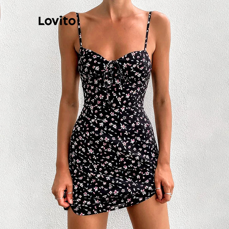 Lovito Vestido casual com renda floral Ditsy para mulheres LBL16769