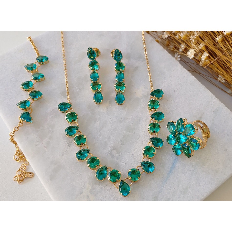 Kit Colar Brinco Pulseira e Anel de Pedraria Josi | Shopee Brasil