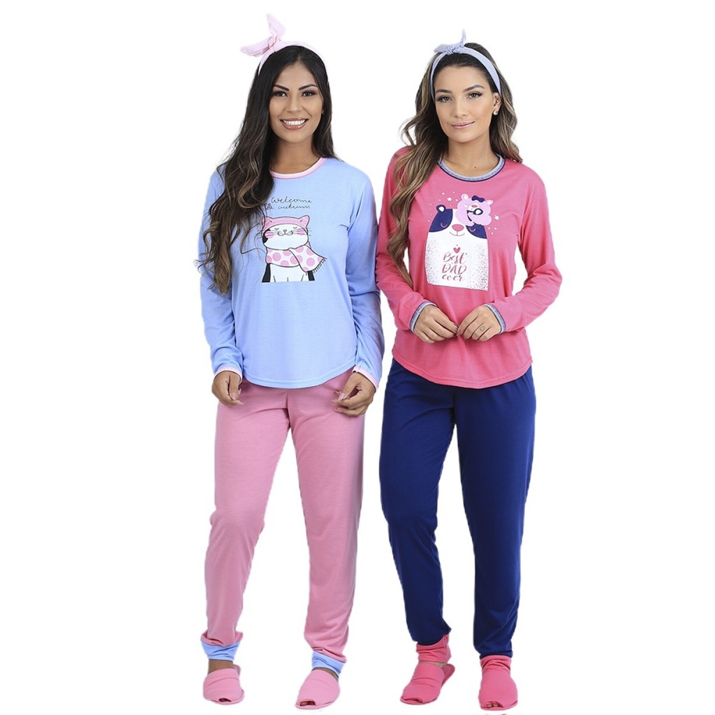 Pijama de Dormir Feminino Estampado Em Poliester Com Blusa Longa e ...