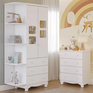 Quarto Bebê Completo Guarda Roupa Uli 2 Portas C/ Prateleiras Gaveteiro 4 Gavetas 100% MDF em Oferta na Shopee