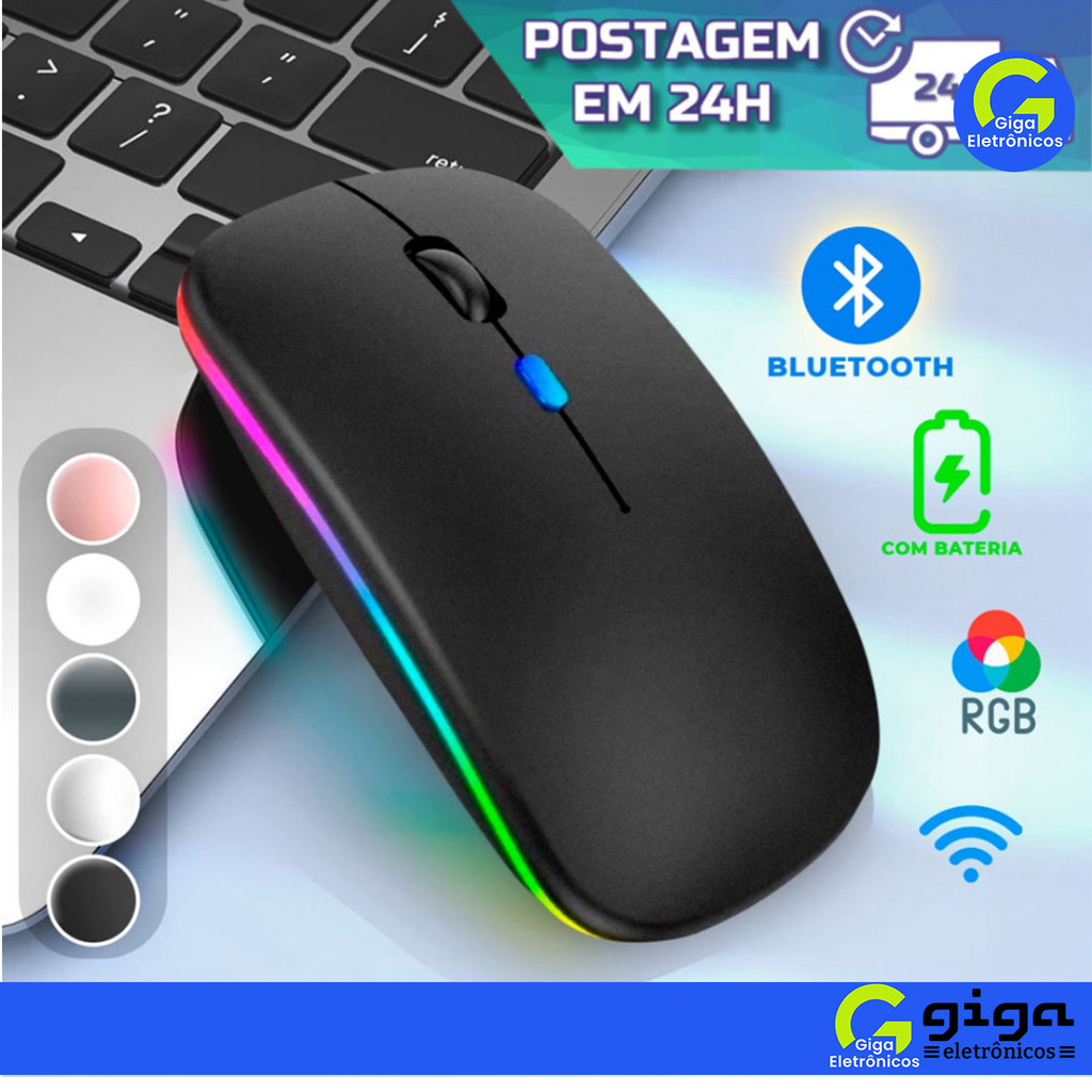 Mouse Sem Fio Recarregável Led RGB Clique Silencioso 2.4 Ghz Ergonômico Gamer Home Office