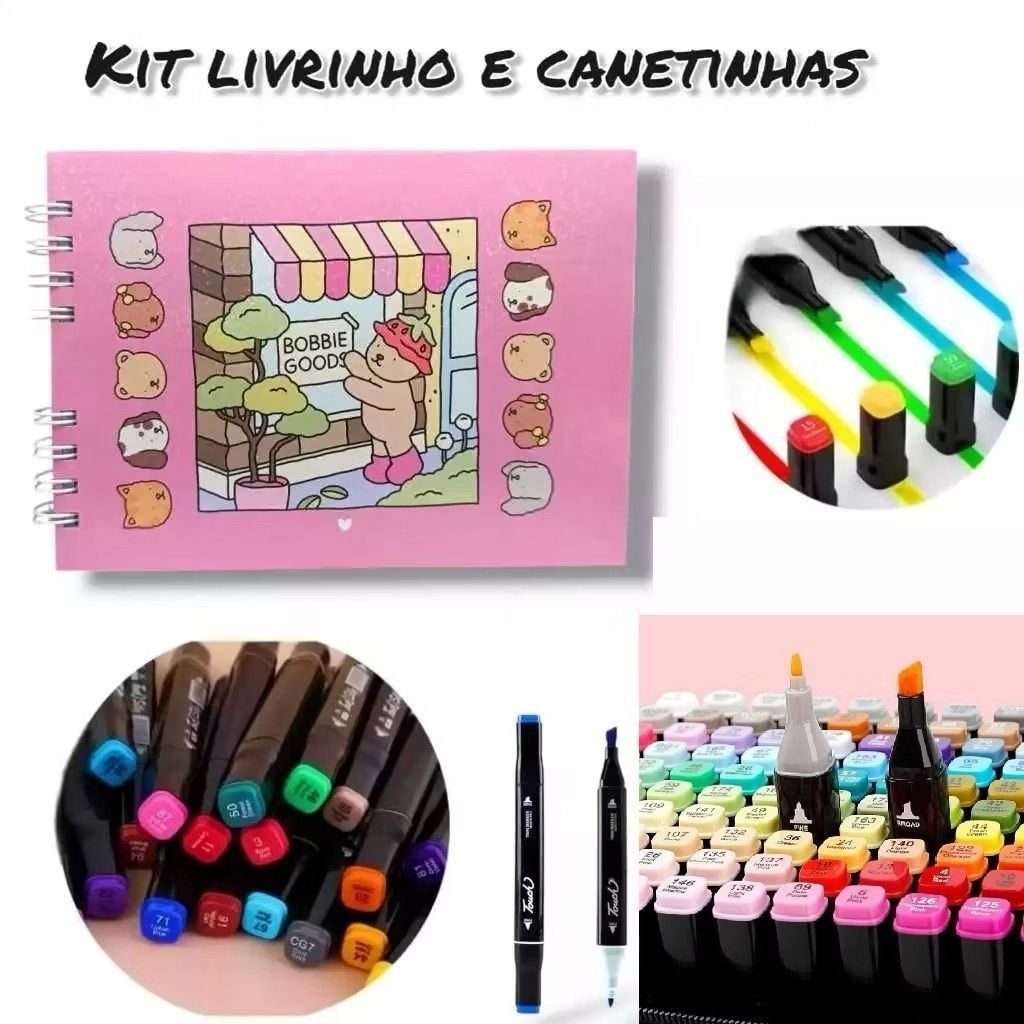Kit Livro De Colorir Capa Dura 50 Páginas + Kit 12/24/36 Cores Caneta  Marcadora Com Ponta Dupla/Pintura