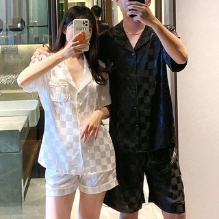 Casal Pijamas De Seda Gelo Casa Usar shorts De Manga Curta Masculinos Soltos Conjunto De Tamanho Grande em Oferta na Shopee