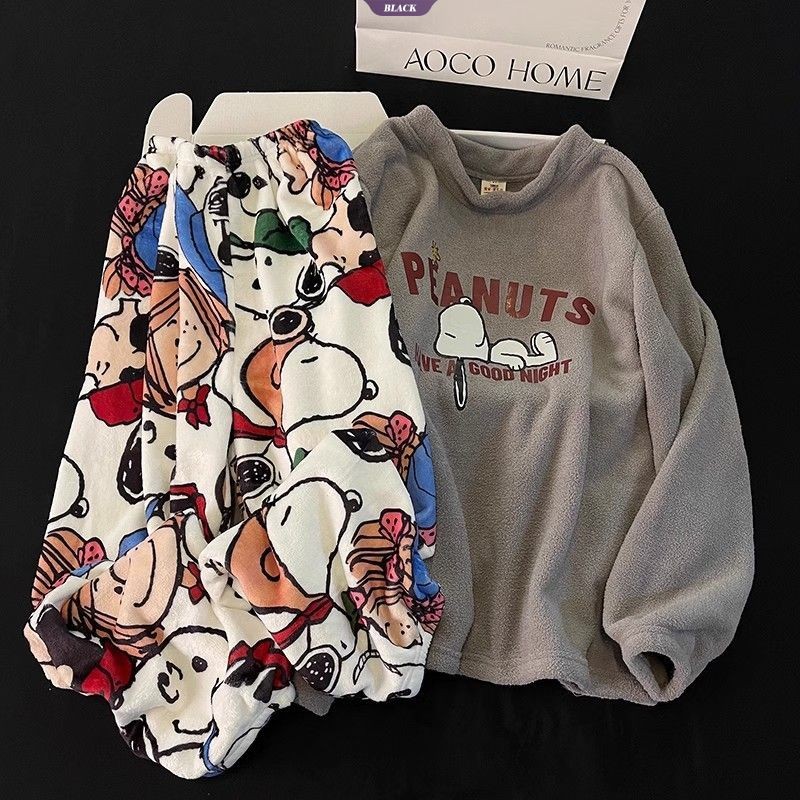 Pijamas Femininos Outono E Inverno Novo Coral Velo Engrossado Snoopy Hangyodon Flanela Quente Casa Terno [BL]