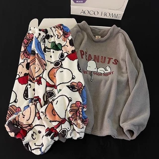 Pijamas Femininos Outono E Inverno Novo Coral Velo Engrossado Snoopy Hangyodon Flanela Quente Casa Terno [BL]