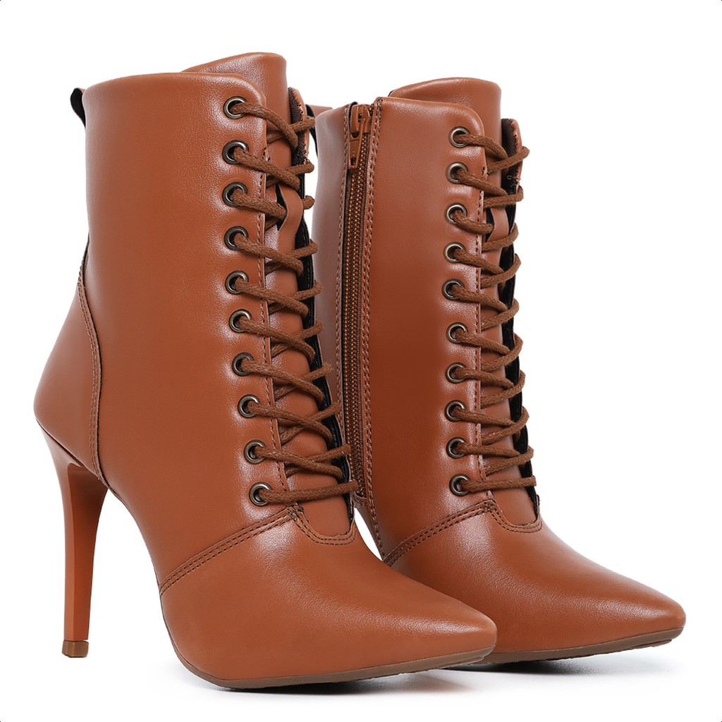 Bota Feminina Caramelo Salto Alto Bico Fino Detalhe de Amarrar