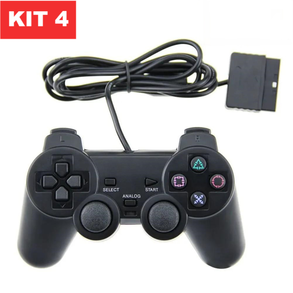 Kit 4 Controles PS2 Joystick Com Fio Ergonômico Plug And Play Cor Preto