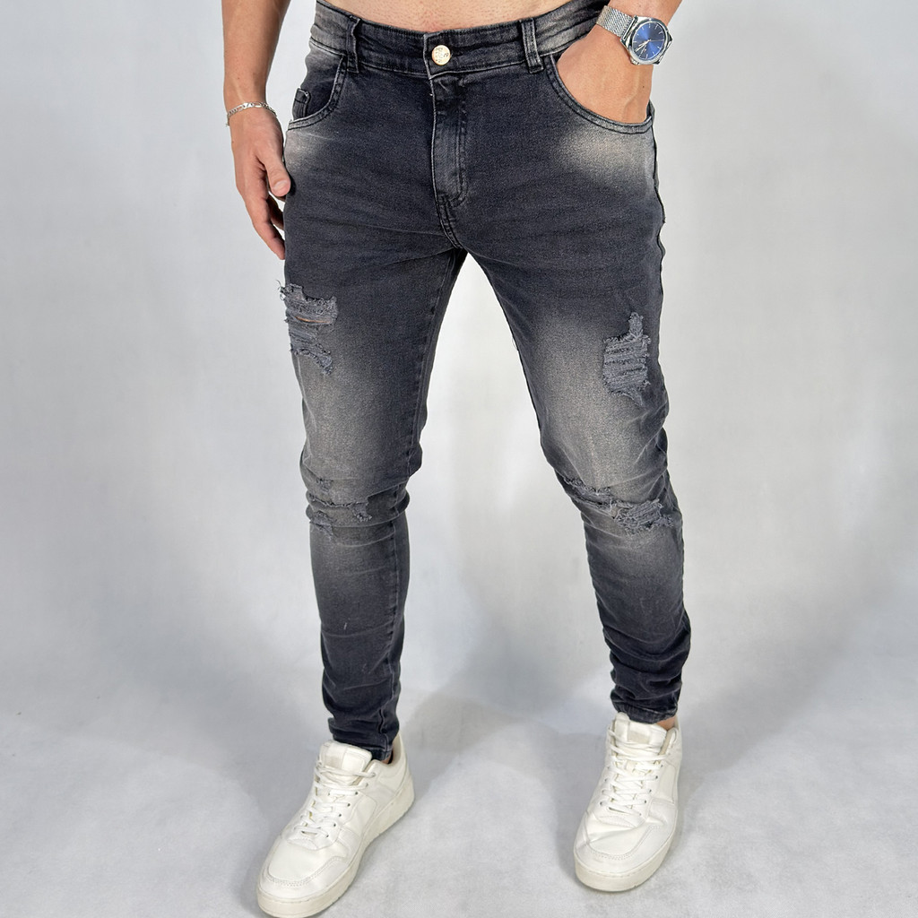 Calça Masculina Jeans Skinny Premium Lycra Elastano Cinza Escuro