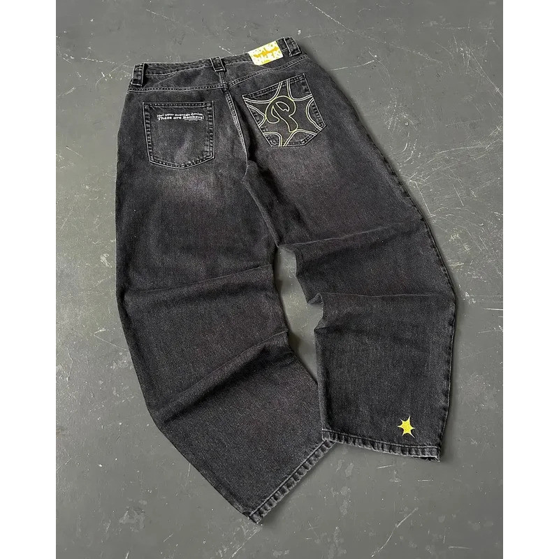 Calça Jeans Ethbox Streetwear - Estampa Gótica, Cintura Alta, Perna Larga, Estilo Y2K