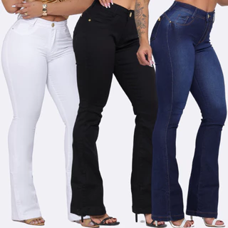 Kit 3 Calça Jeans Flare Feminina Branca E Preta Boca Sino Wide Leg