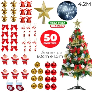 Kit Arvore de Natal Verde Pinheiro Mais 50 Enfeites Decoração Natalina + Pisca Pisca