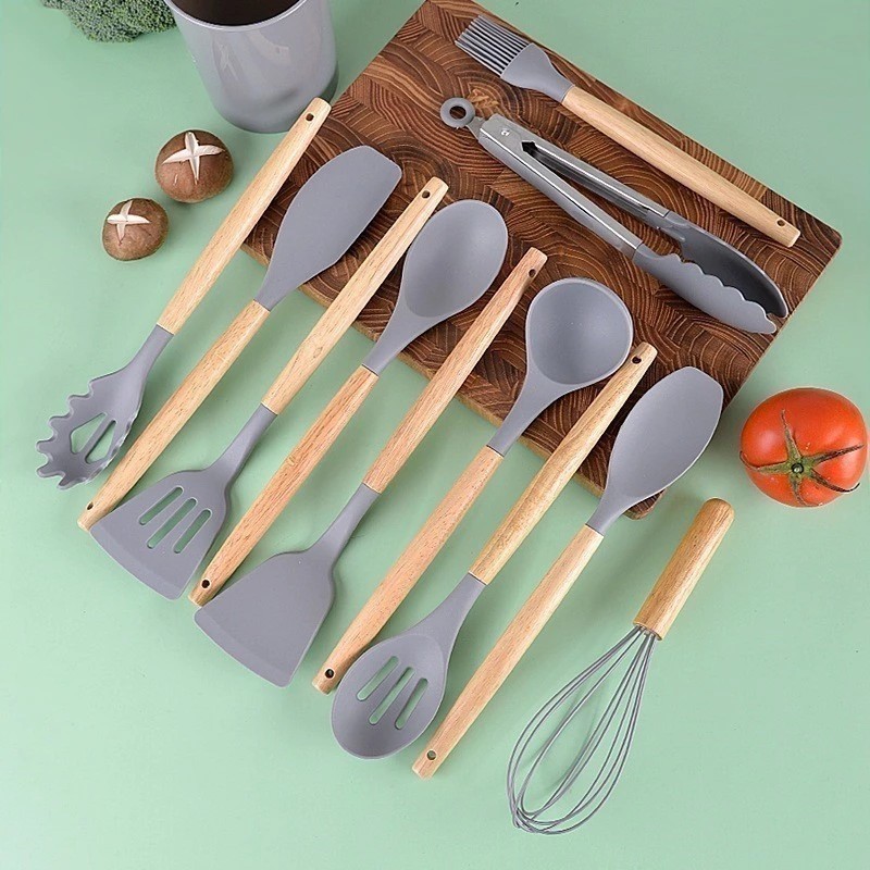 de Jogo Cozinha Kit C/12 Pçs de Silicone Utensílios e Copo Suporte para Cozinha Cabo de Madeira