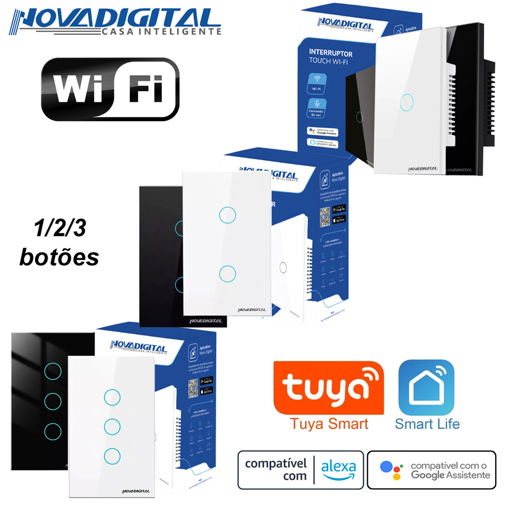 Interruptor Inteligente Smart WIFI Touch Alexa Google Tuya Nova Digital com 1 / 2 / 3 Botões
