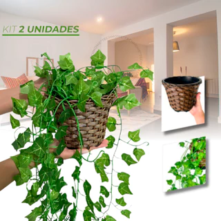 Kit Planta Decorativa: 2 Vasos Trançado Marrom + 6 Pendentes Artificial Folhas De Hera
