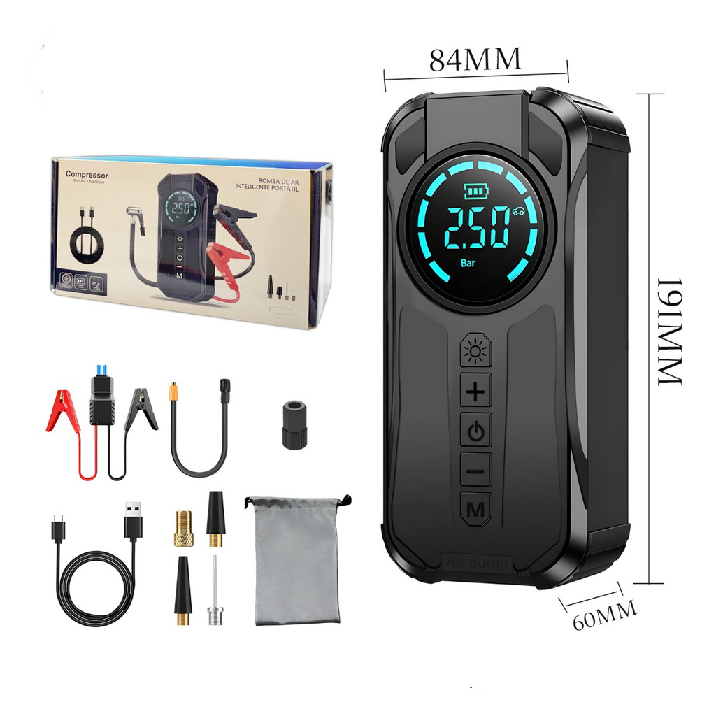 Bomba de Ar Portatil Compressor Inflator Multi-função 4 em 1 PowerBank 8kmah Bateria Calibrador de Carro Auto Pneu