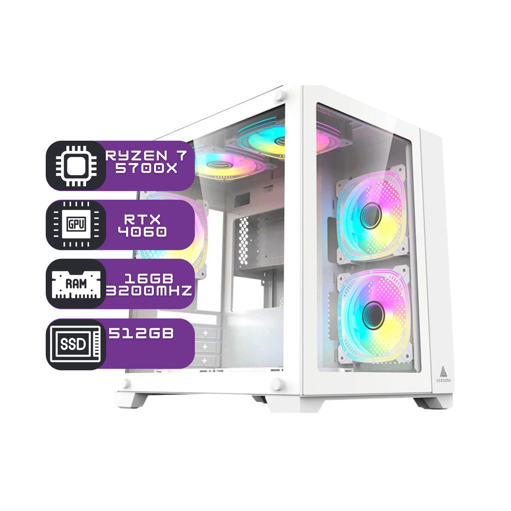 PC Gamer Agaron Ryzen 7 5700X, NVídia GeForce RTX 4060, 16GB RAM, SSD 480GB, Gabinete Aquário Branco, Lateral Vidro