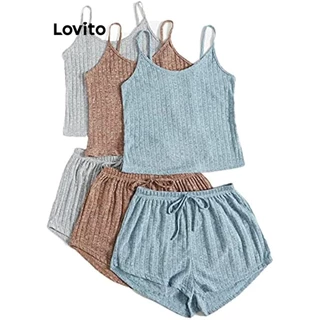 Lovito Conjuntos de pijama casual de malha canelada lisa para mulheres LNL73195