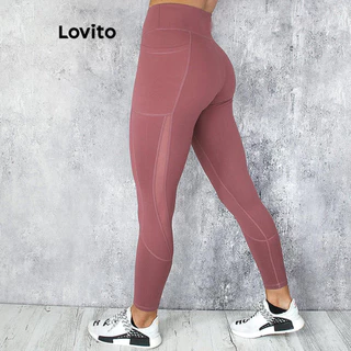 Lovito Leggings esportivos esportivos com estrutura de malha de contraste liso e bolso para mulheres LNL59033
