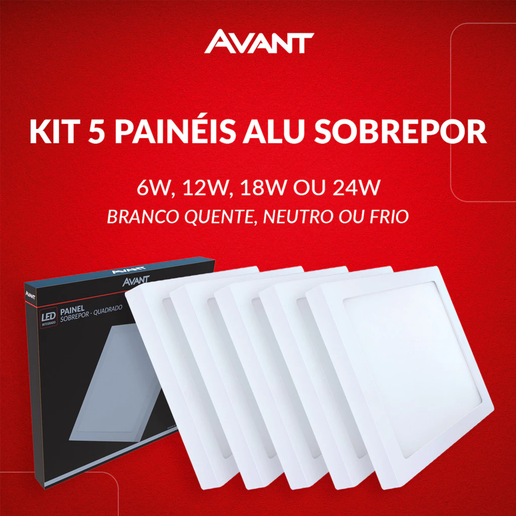 Kit 5 Painel Led Aluminio Quadrado Sobrepor 6w 12w 18w 24w Branco Quente/Neutro/Frio 110v/220v Bivolt Branco Avant