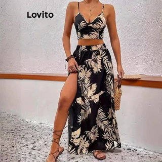 Lovito Conjuntos de saia frontal dividida Boho Plants Flowers para mulheres LNL72525