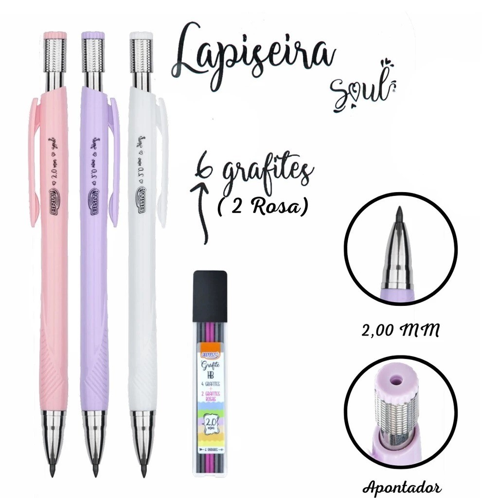 Lapiseira Pastel 2.0mm c/ 6 Grafites HB (2 Grafites Rosa) - BRW