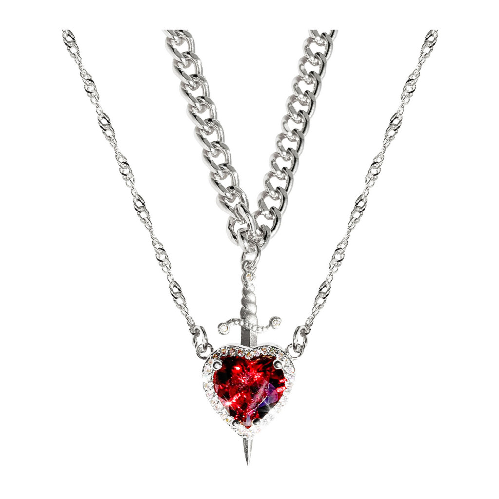 Imagem do produto Love and Resilience Necklace Double-layered Blade Heart Pendant Red Rhinestone Stainless Steel Valentines Day Gift Silver