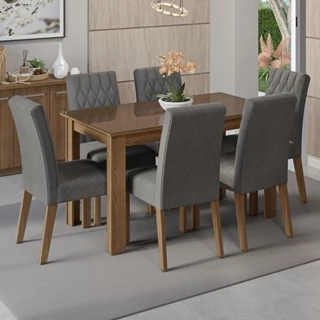Conjunto Sala de Jantar Mesa Tampo de Vidro 6 Cadeiras Rustic/Silver Odara Madesa em Oferta na Shopee