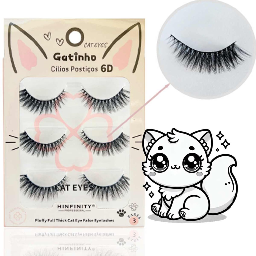 Cílios Postiço Efeito Gatinho Natural Cat Lash Com 3 Pares Cat Eyes 6D ...