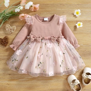 Vestido De Manga Comprida Para Bebês Meninas Gaze Bordado Com Flores Rosa De 0 A 3 Anos