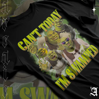 Camiseta Basica Algodao Filme Shrek Meme Não posso hoje Estou Inundado Can't Today I'm Swamped Cartoon Unissex