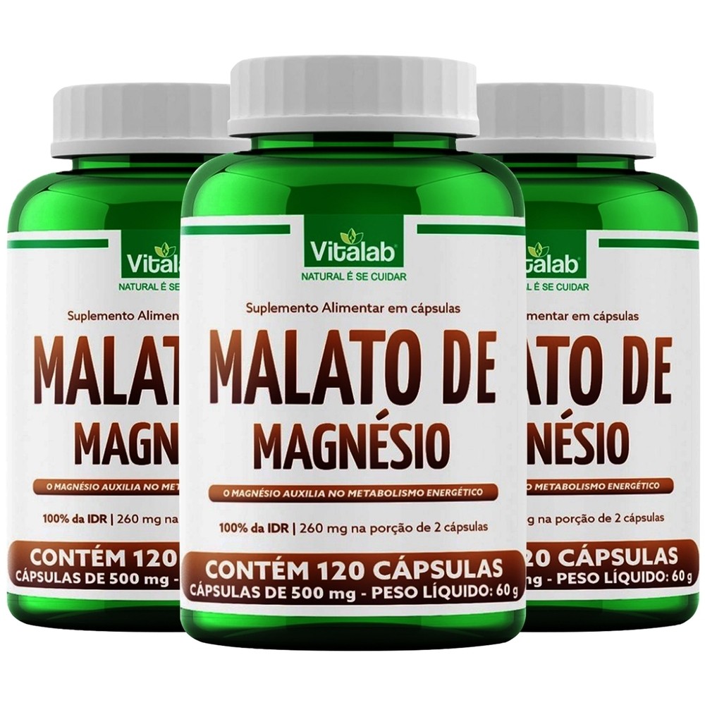 Kit 3 Malato de Magnésio Vitalab 500mg 120 Cápsulas | Shopee Brasil