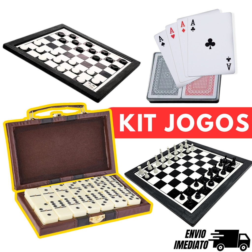 Kit Jogos Xadrez Dominó Maleta Dama Baralho duplo Trilha Tabuleiro