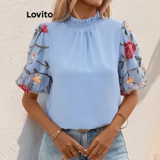 Lovito Blusa casual de malha lisa e contrastante para mulheres LNL73106