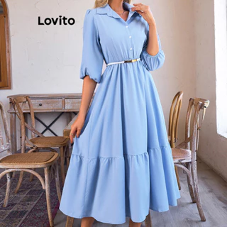 Lovito Vestido boho liso com botão frontal e mangas bufantes para mulheres LBL15388
