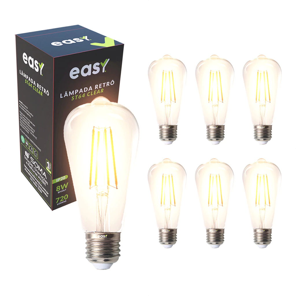 Kit 7 Lâmpadas de Led ST64 Retro Vintage Clear 8w 2400k E27 Bivolt Easy Luz Quente