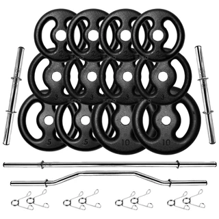 Kit Anilhas Ferro 50kg + 2 Barras 40cm + 1 Barra 150cm + 1 W