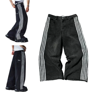 Calças De Brim Largas Harajuku Goth Y2k Jeans Para Homens Preto Listrado Novo Hip Hop Bordado Perna Larga High Street St