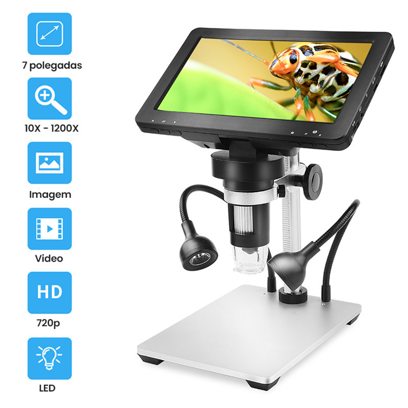 Microscopio LCD 7'' Hd Digital Portátil 1200x Base Metal
