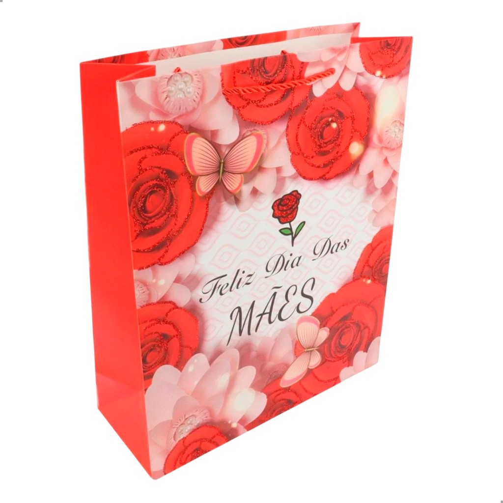Sacola De Papel Para Presentes Com Frase Homenagem Dia Das Mães Com Glitter Nas Flores 32x26x10cm em Oferta na Shopee