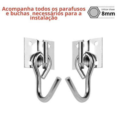 Kit Gancho Armador De Rede De Balanço Descanso Reforçado Aço Cromado Suporte Parede Parafuso e Bucha