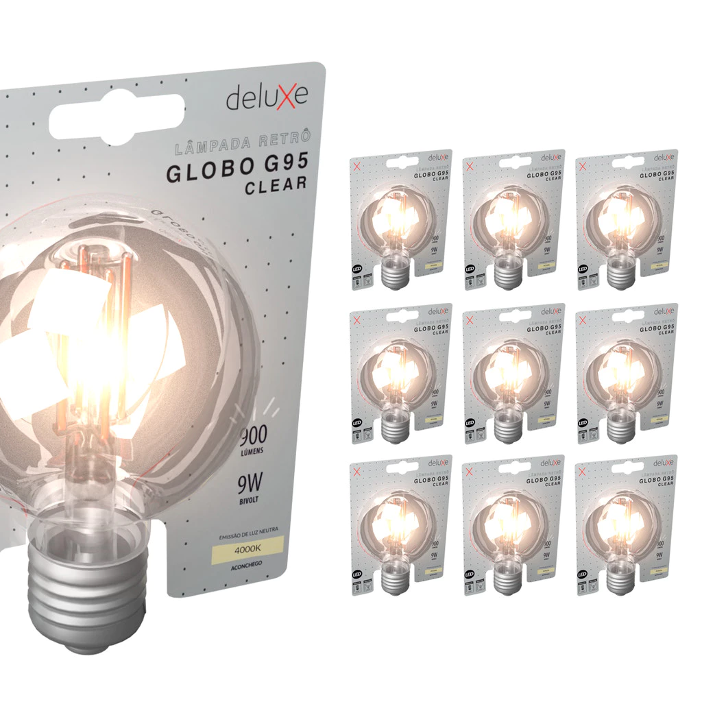 Kit 10 Lampadas Led Globo Retro Clear G95 9w 4000k Branco Neutro E27 110v/220v Cod: 353260872-10 Deluxe By Avant