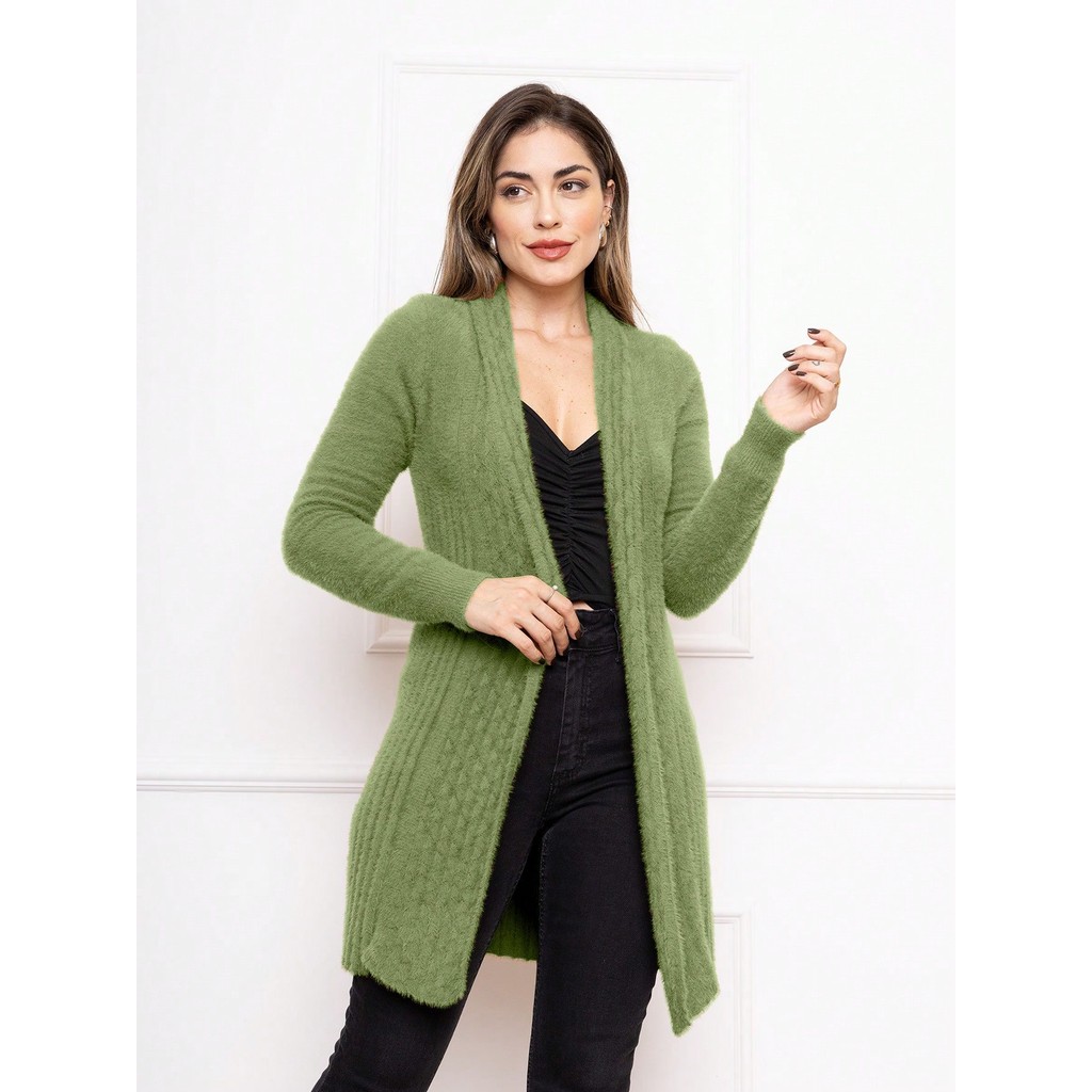 Cardigan longo feminino Pelinho casual grosso detalhe xadrezinho