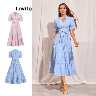 Lovito Casual Vestido Feminino Maxi Listrado Com Gola V Manga Bufante Camadas E Babados Para Verão L45LD042 (Azul)